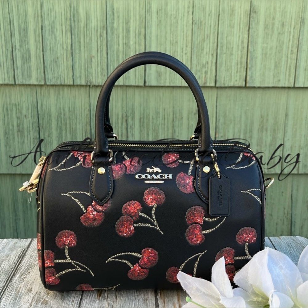 Coach Rowan Satchel Bag With Black Cherry Print Leather Purse